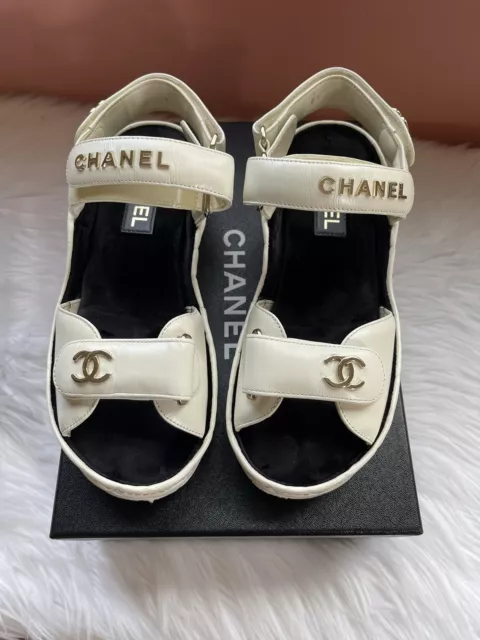 NIB authentic CHANEL Platform Sandals Black Leather Calfskin Wedge