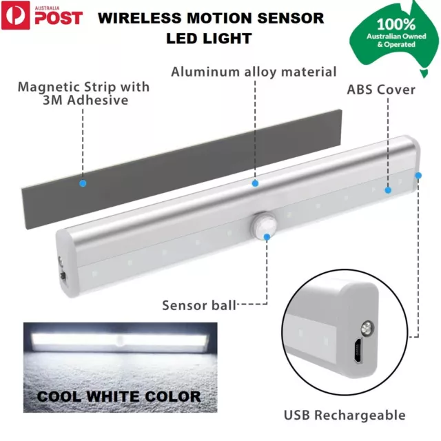 Rechargeable Motion Sensor 10 LED PIR Light Cordless Night Light Closet Stair