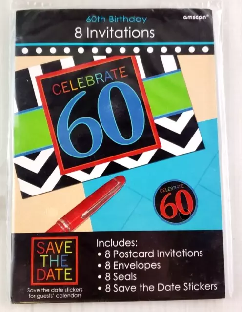 60th Birthday PARTY INVITATIONS - 8 Invites w/ Envelopes Seals & Stickers