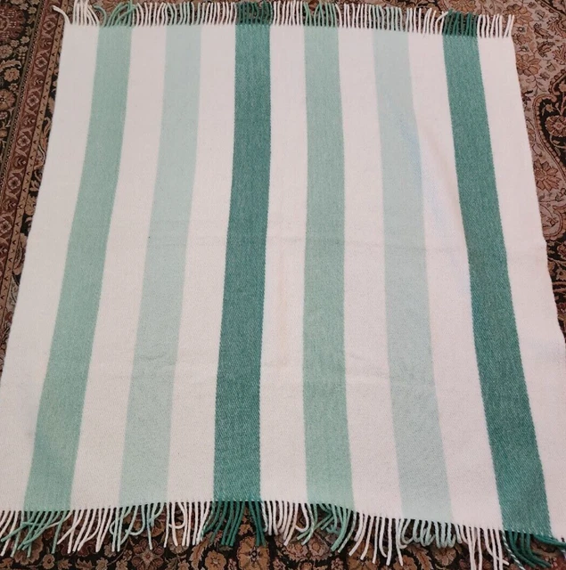 Ikea Green Ivory Striped 100% New Wool Throw Blanket 51” x 63” w/Fringe