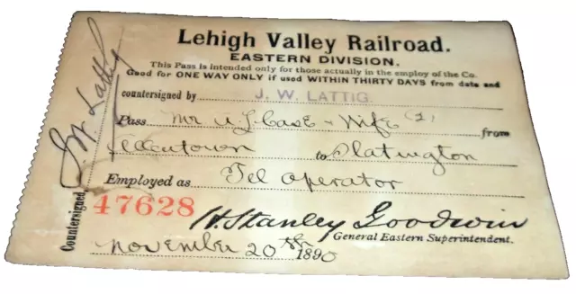 November 1890 Lehigh Valley Rail Road Employee Monthly Pass #47628