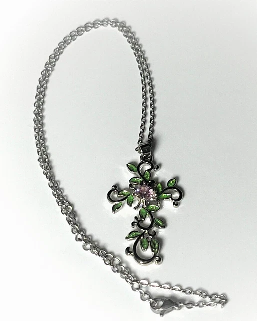 Silver Plated Chain Necklace Cross Pendant Enamel & Rhinestone # 329
