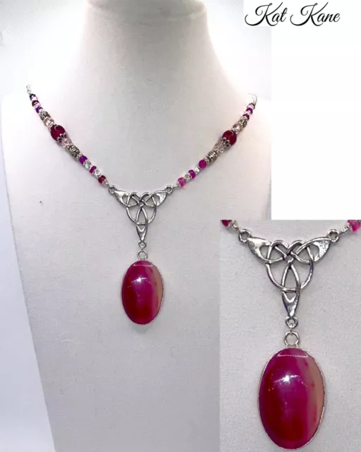 Exquisite Pink Banded Agate In Handmade Celtic Knot Silver Design