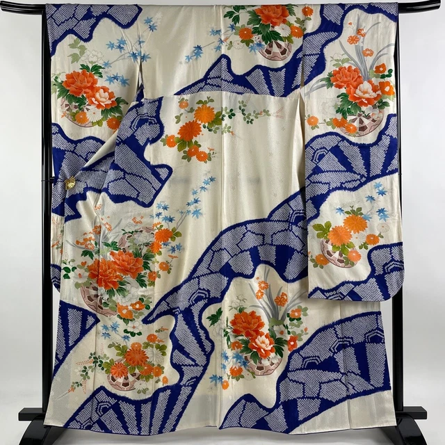 Japanese Silk Kimono Vintage Furisode Gold Gorgeous Cream Thread Tiedye 64in