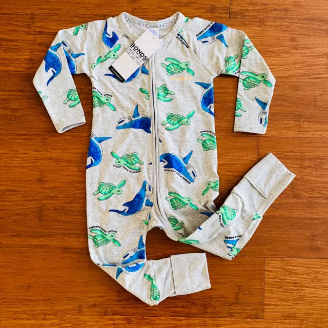 Bonds Baby Grey Blue Green Turtle Shark Long Sleeve Zip Wondersuit Size 1 BNWT