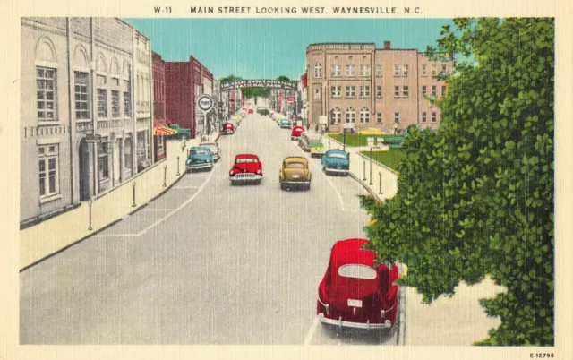 Postcard Main Street Looking West Waynesville North Carolina c1940s LINEN Vtg