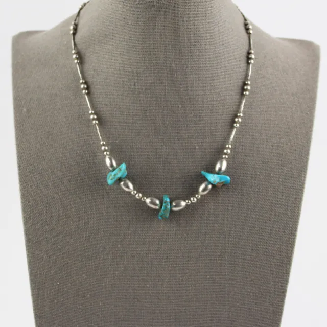 Vintage Sterling Silver Bead & Tube Blue Nugget Turquoise Navajo Necklace