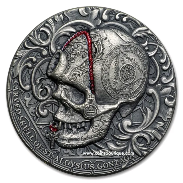 Carved skull of St.Aloysius Gonzaga 1 oz ultra high relief silver coin 2018