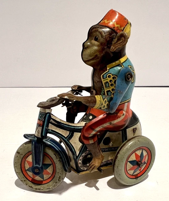 VINTAGE MONKEY RIDING Tricycle Windup Tin Toy Made in Germany US Zone