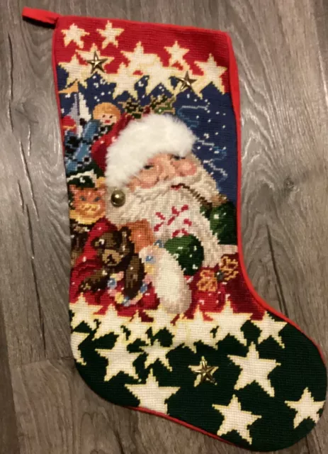 VINTAGE Needlepoint Christmas Holiday Stocking Santa Bells &  Stars