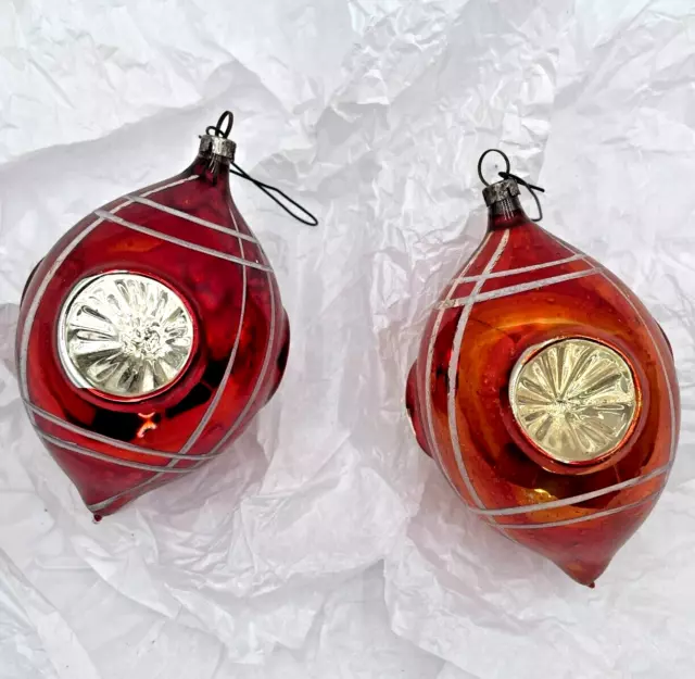 2 Vintage Poland Blown Mercury Glass Triple Indent Reflector Christmas Ornaments