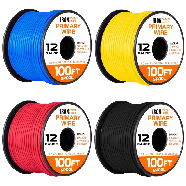 12 Gauge Primary Automotive Wire - 4 Roll Assortment Pack, Copper Clad Aluminum
