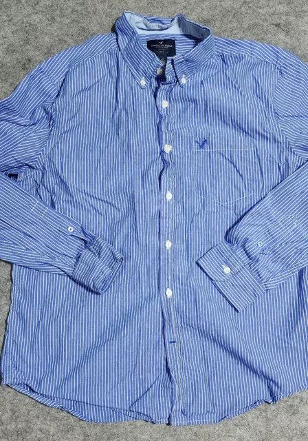 Amerian Eagle Mens Classic Button Dress Shirt Cornflower Blue Stripe Large