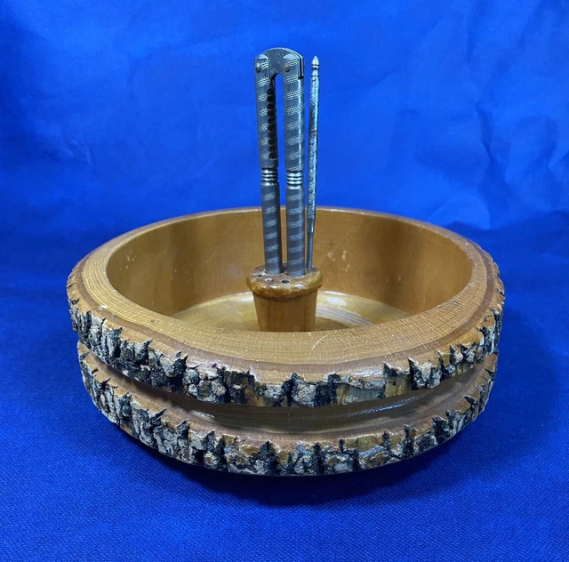 Vintage Wooden Bark Nut Cracker Set 8.5" bowl w Nutcracker &1 Pick Rustic (K5)