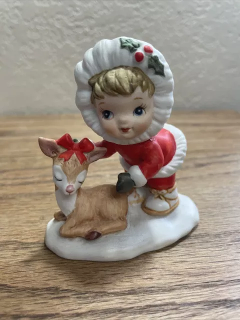 Vintage Lefton Ceramic Christmas Child Santa Baby Deer Figurine