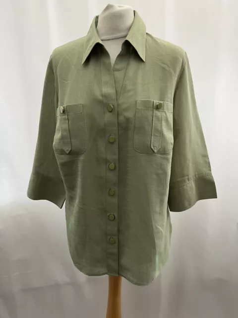Green Blouse M&S Size 16 Short Sleeve Collar Button Up Polyester Womens