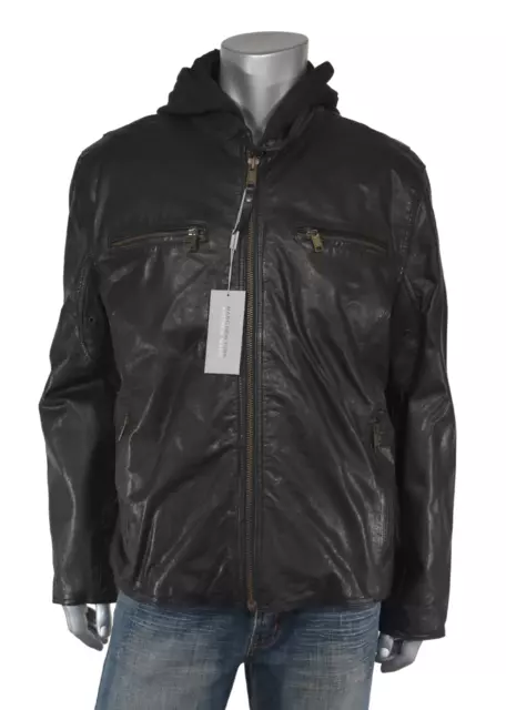 Hombres Andrew Marc New York Cuero Negro Varick Chaqueta con Capucha XXL