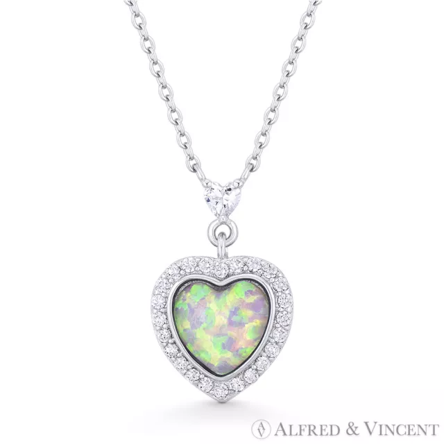 Pink Lab-Created Opal CZ 925 Sterling Silver Heart Pendant Love Charm & Necklace