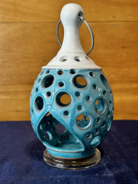 Studio Art Pottery LANTERN Candle Holder w/ Handle - Turquoise