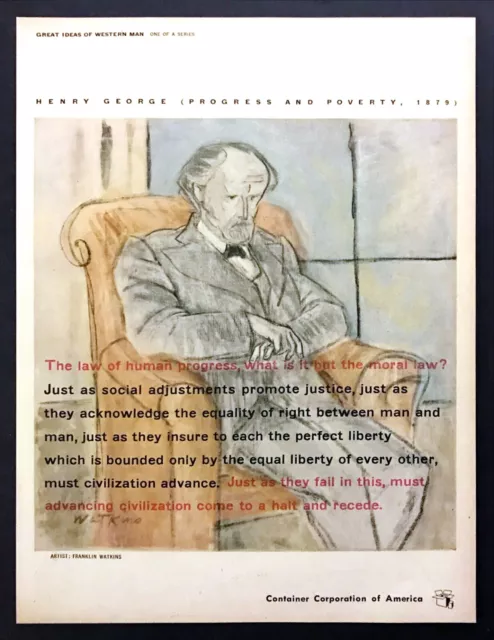 1951 Henry George Progress & Poverty Quote F. Watkins art CCA promo print ad