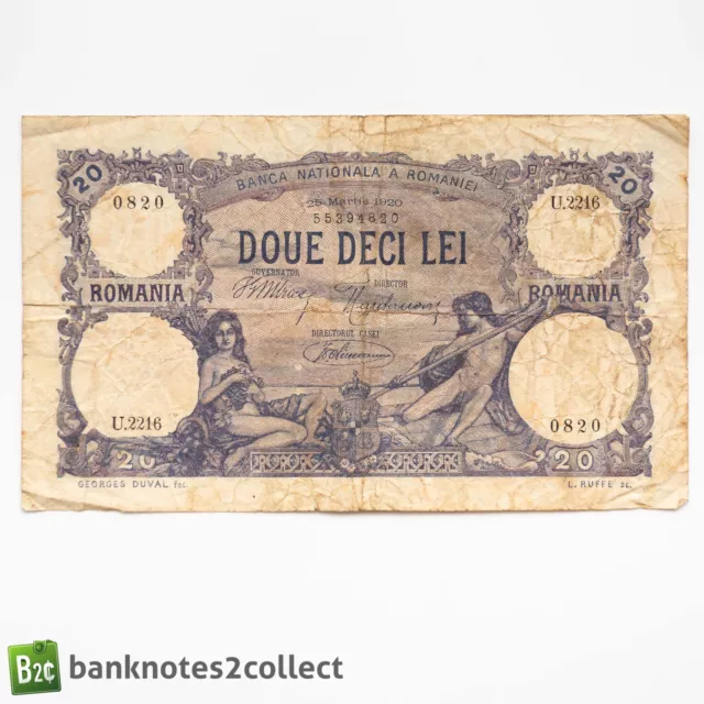 ROMANIA: 1 x 20 Romanian Lei Banknote. Dated 25.03.1920.