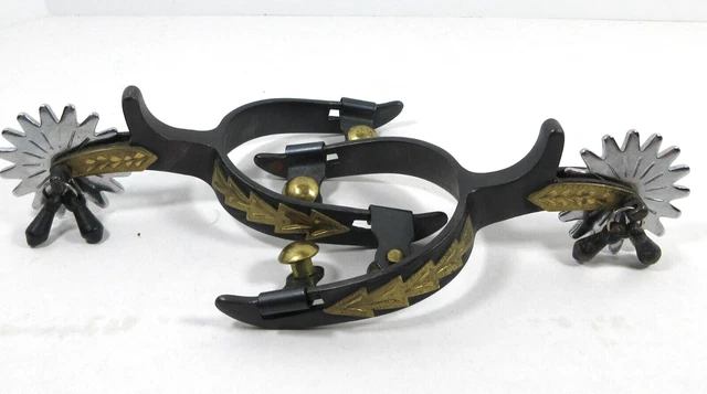 Western Show Spurs Black Steel Brass Hand Carved Overlay Jingle Bobs Chap Guard