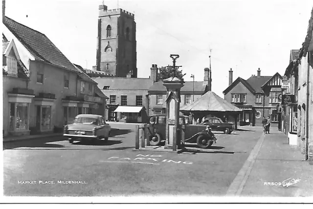 Postcard Suffolk Mildenhall Market Place Shops Cars Church  Real Photo Unposted