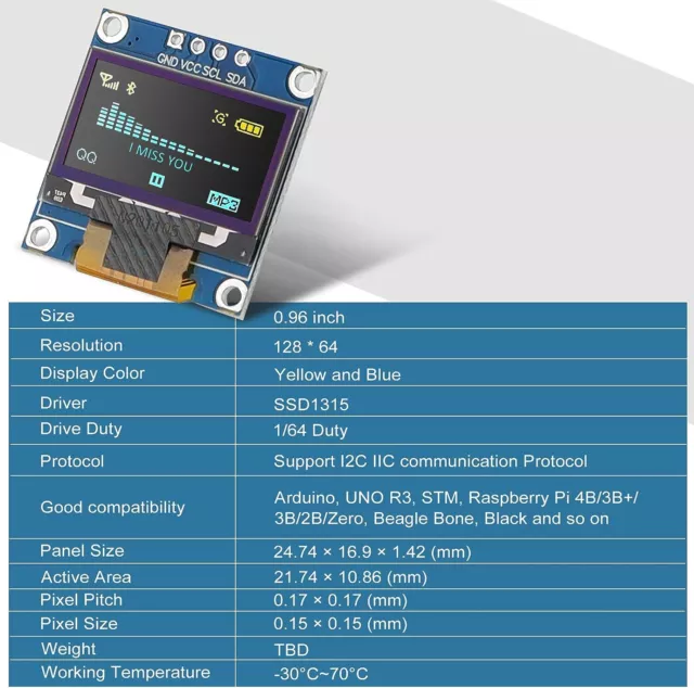 OLED Display 0.96" 128x64 Yellow Blue I2C IIC SSD1306 Arduino Raspberry Pi 3