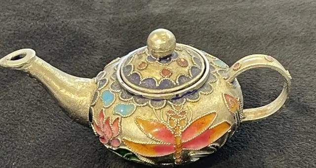 Cloisonne Enamel Miniature Teapot  Kettle Dragonfly Flowers  3.5"L 2"h