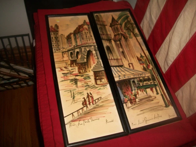Vtg "Renee Arnart" Pair of Hand-Painted Ceramic Tiles of Parisian Scenes  18"x6"