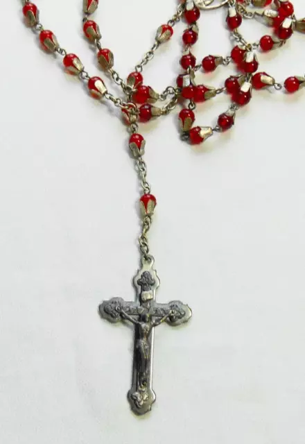 Vintage INR Catholic Christian Capped Red Glass Bead Crucifix Rosary
