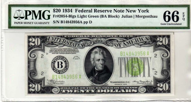 Fr.2054-B 1934 $20 New York Federal Reserve Note Light Green Seal PMG 66 EPQ