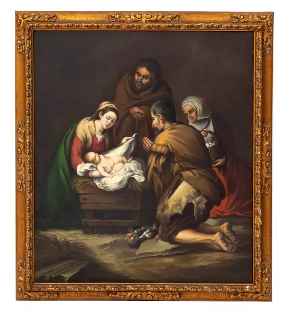 Óleo. Lienzo. Natividad. Copia de Murillo. Escuela Española Siglo XX.