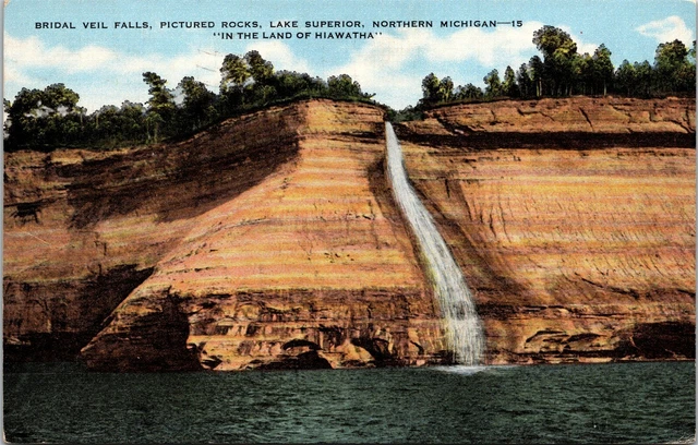 Bridal Veil Falls Lake Superior Michigan In Land Of The Hiawatha c1957 Postcard