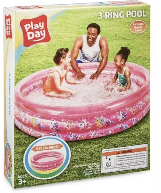 Play Day Inflatable 3-Ring Pink Unicorn Themed Kiddie Swimming Pool - NEW/SEALED