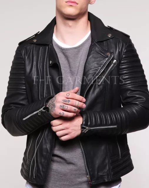 Herren Echt Lammleder Schwarz Motorrad Lederjacke Slim Fit Bikerjacke