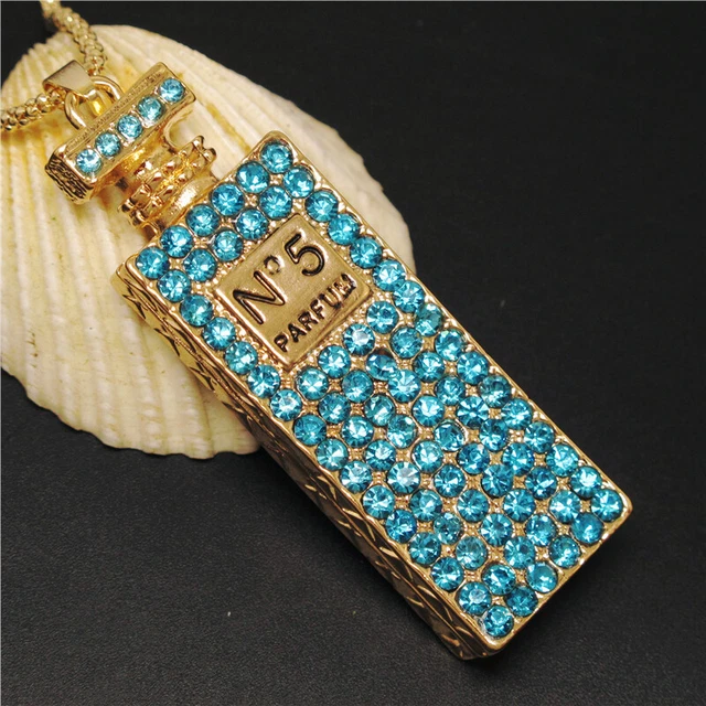 New Fashion Lady Blue Bling Perfume Bottle Crystal Pendant Women Necklace