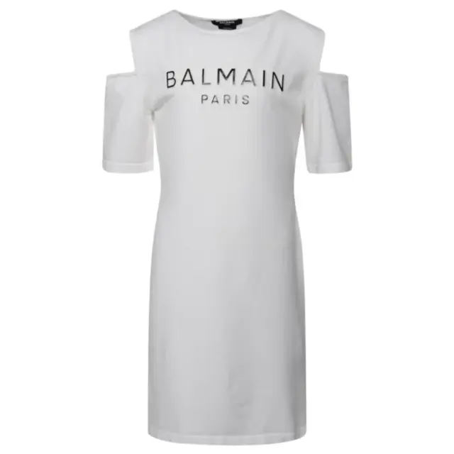 Balmain Girl's Cut-Off Shoulder Dress White [BS1B11-X0001-100]