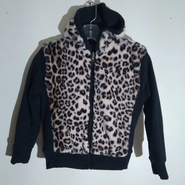 Butter Super Soft Girls Size 7/8 Leopard Fur Print Reversible Black Jacket Hood