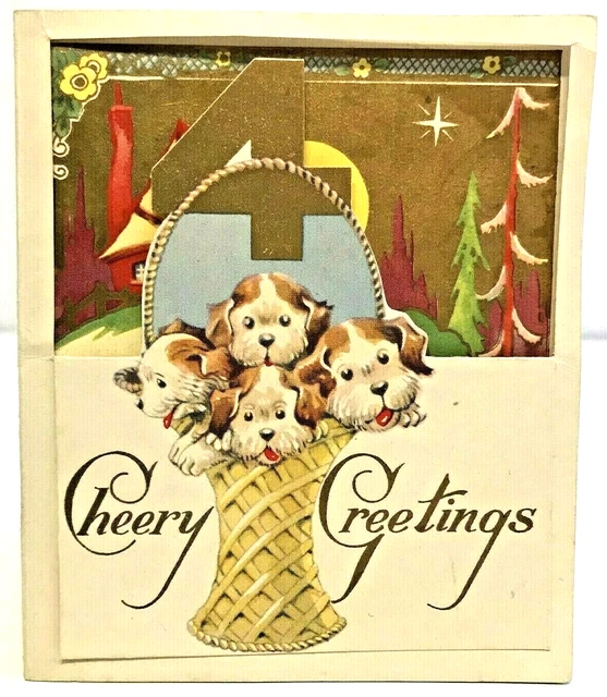 Vintage Birthday Greetings Card Cute Dogs Puppies Basket 1940s-1950s
