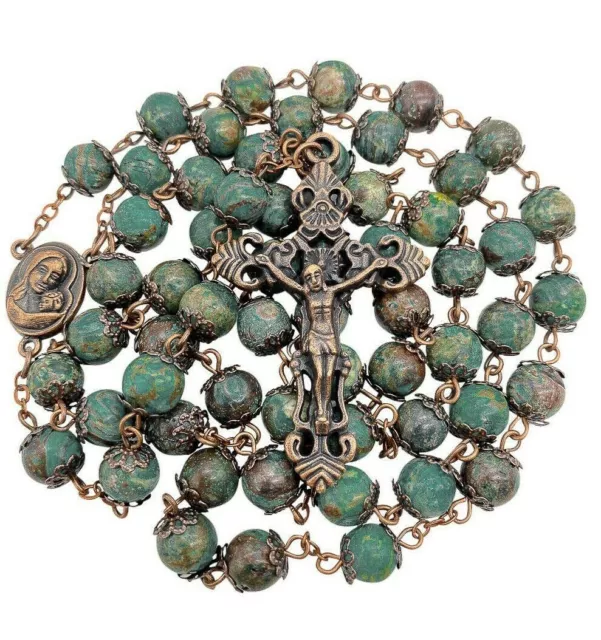 Jasper Rosary Beads 22" Natural Stone Chaplet Necklace Holy Soil Medal