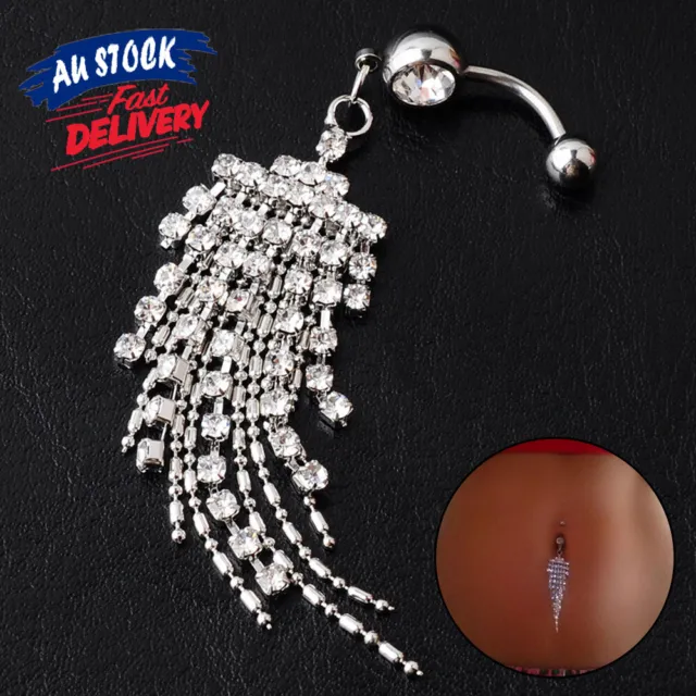 Long Crystal Bar Jewelry Fancy Gem Body Piercing Dangle Tassel Navel Belly ring