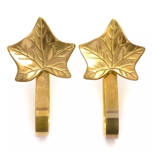 Pair Solid Brass Draperies Hooks Curtain Tie Holdback Maple Leaf Shaped Vintage