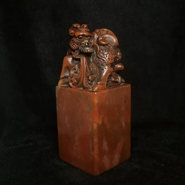 Old 100% Natural Chinese Shoushan Stone Hand Carved Kirin Statue Seal H 15.5 CM