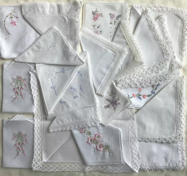 20 Vintage Lace Embroidered Hankies Cotton Linen Wedding Assortment