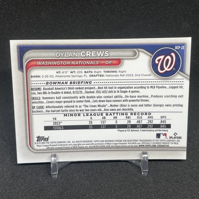 2024 BOWMAN CHROME Dylan Crews 1st Bowman BCP23 Washington Nationals