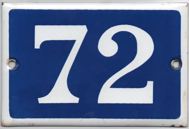 Old blue French house number 72 door gate plate plaque enamel steel metal sign