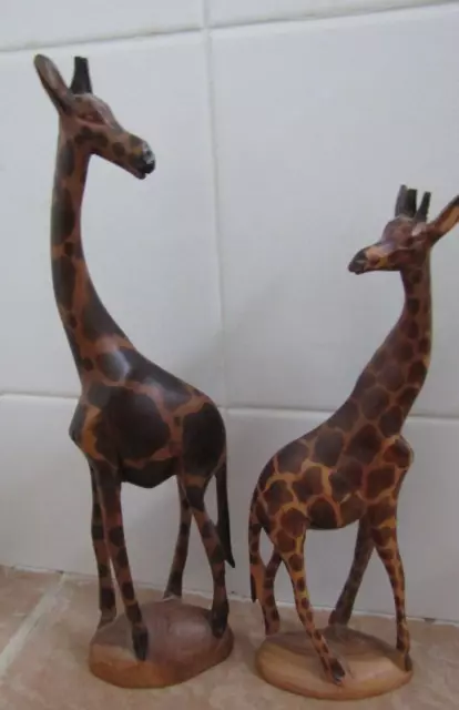 Vintage Hand Carved African Art Wooden Giraffe x 2  pair of mother and calf