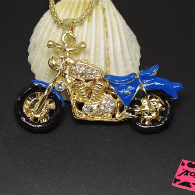 New Shiny Crystal Blue Enamel Motorcycle Fashion Women Pendant Sweater Necklace