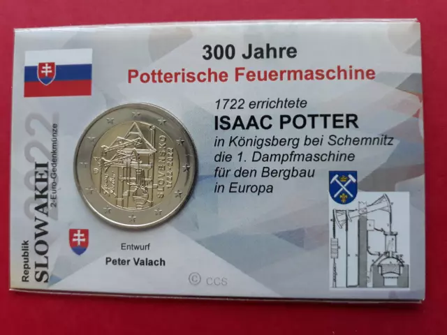 2 Euro Coincard / Infokarte Slowakei 2022 " 300 Jahre Potterische Feuermaschine"